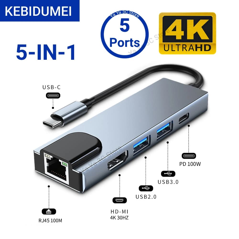 KEBIDUMEI HUB 5 in 1 da tipo C a 5 porte Docking Station HDTV 4K RJ45 100M Splitter USB 3.0 5Gbps Adattatore USB C per laptop Macbook