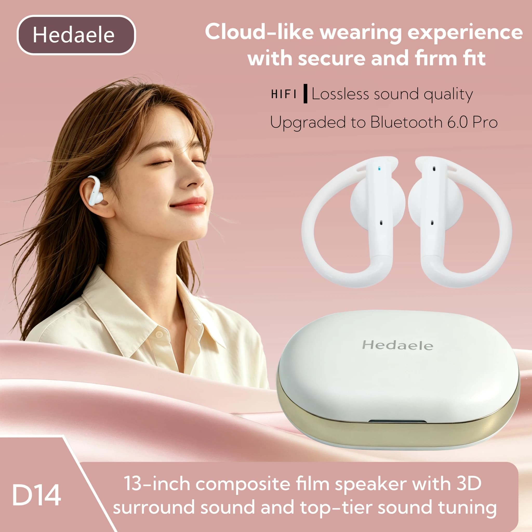 Hedaele D14 OWS Open Ear Wireless Earbuds Bluetooth V6.0,13mm Composite Diaphragm Digital Display Type-C Sport Headphones