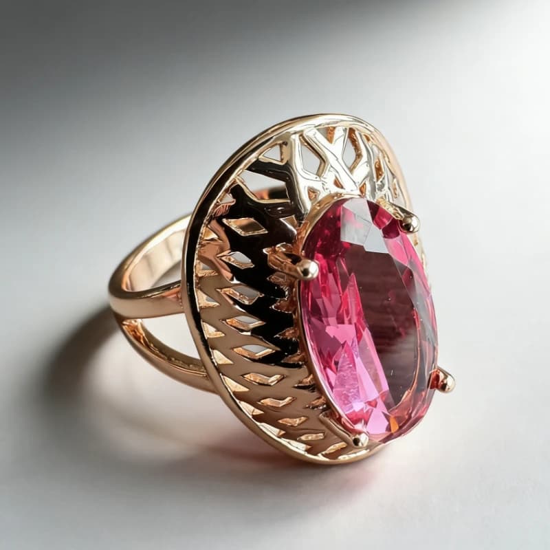 Anello Romantico Ovale con Zirconia Sintetica Rossa e Placcatura Oro Rosa per Donna, Gioiello Vintage Elegante per Banchetti e Anniversari