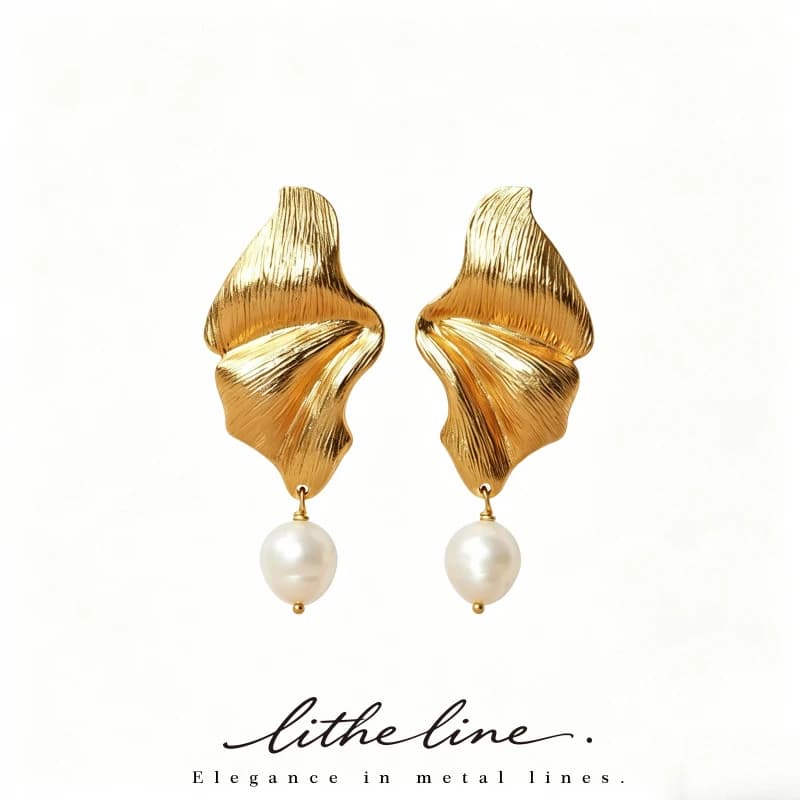 Litheline 24K Gold Plated Brass Draped Leaf Earrings, Hand-Textured Baroque Pearl Designer Piece Artisanal Luxury Jewelry