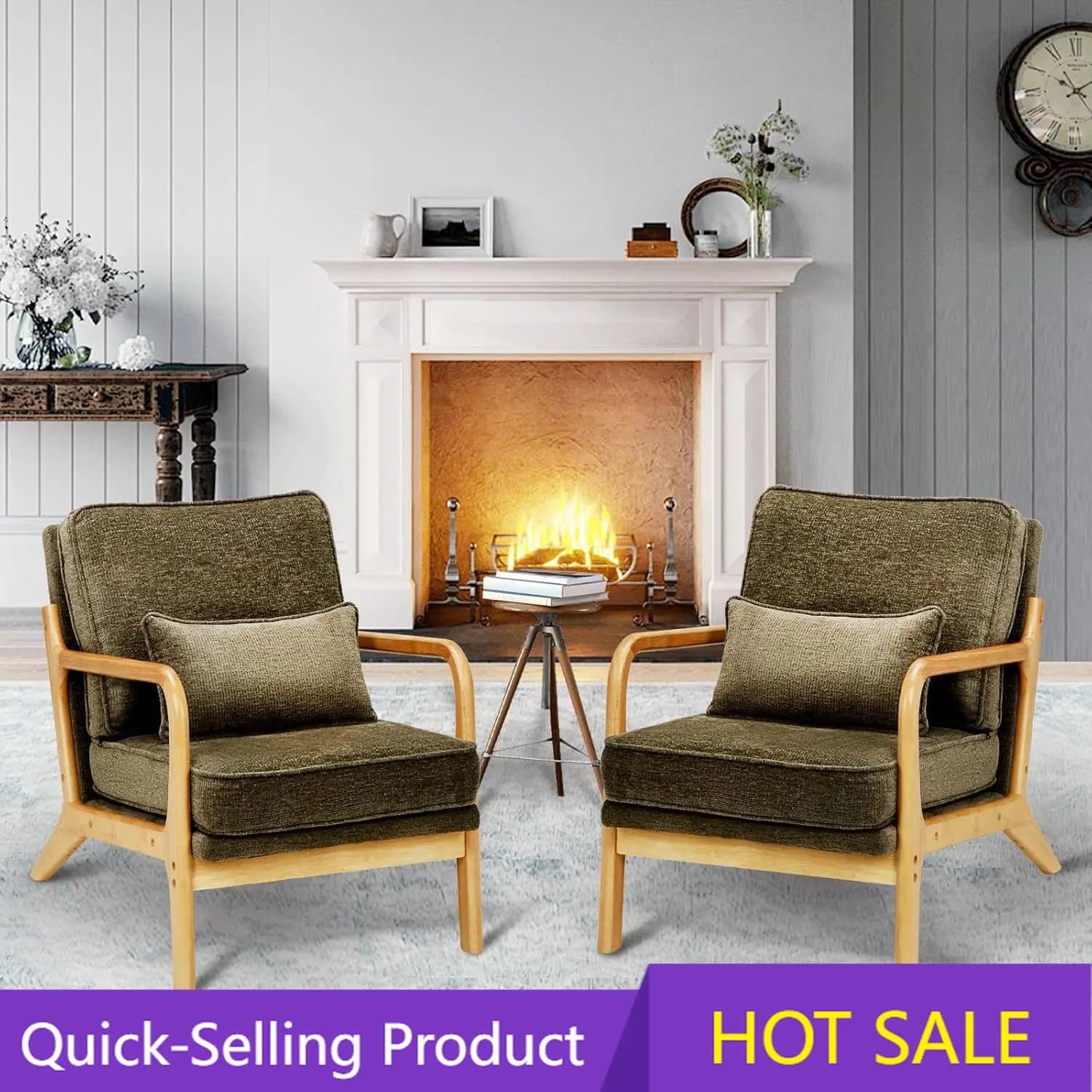 Set di 2 Poltrone Stile Mid-Century con Struttura in Legno Massello, Poltrona Relax da Lettura con Cuscino Lombare e Morbido Cuscino, Sedia per il Tempo Libero