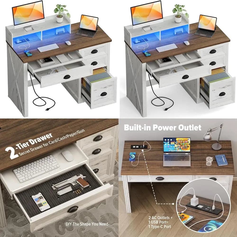 Home office desk with 47 LED lights, monitor support, power outlets, storage space and antique white finish