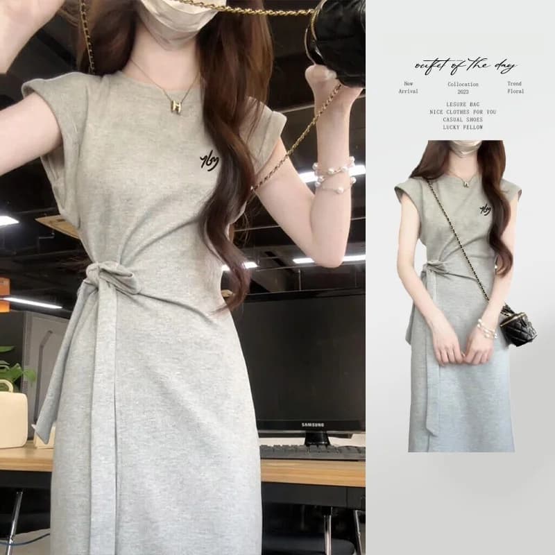 Nuovo Abito Lungo da Donna 2026 Grigio a Maniche Corte, Vestito Estivo Elegante Slim Fit a Vita Alta, Gonna a Trapezio Stile Giapponese Dolce e Puro