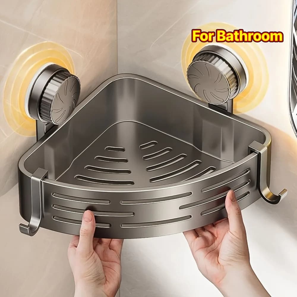 Mensola da bagno con ventosa salvaspazio, scaffale triangolare senza trapano con ganci, utilizza per l'organizzatore di stoccaggio della toilette della doccia
