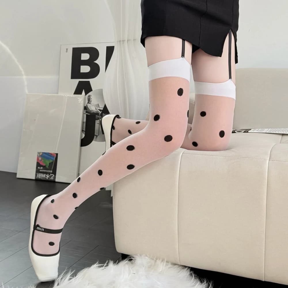 Calze JK in Stile Giapponese con Pois Bianchi per Donne, Calze Lunghe Sopra il Ginocchio Ideali per Decorazioni da Palcoscenico Lolita e Abbigliamento Festivo