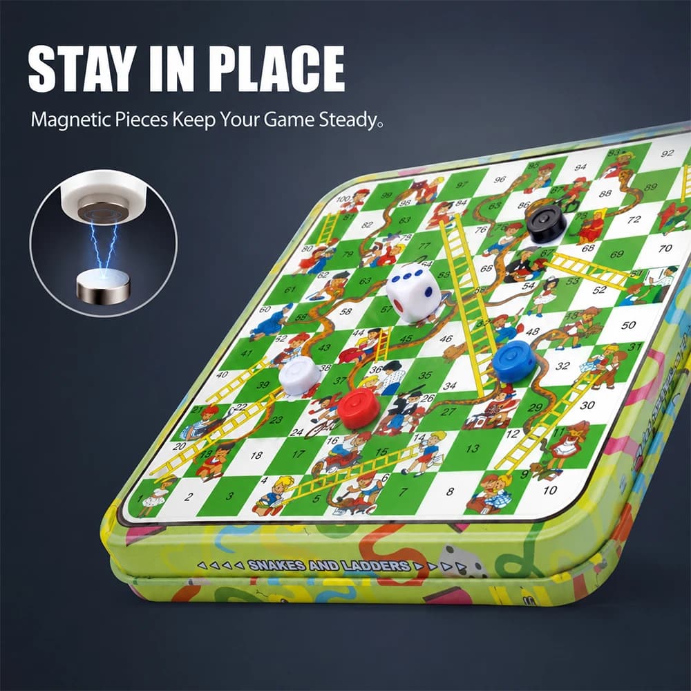 Classic Snakes and Ladders Board Game with Iron Box, Kids Educational Chess Toy, Portable Travel Family Interactive Party Game