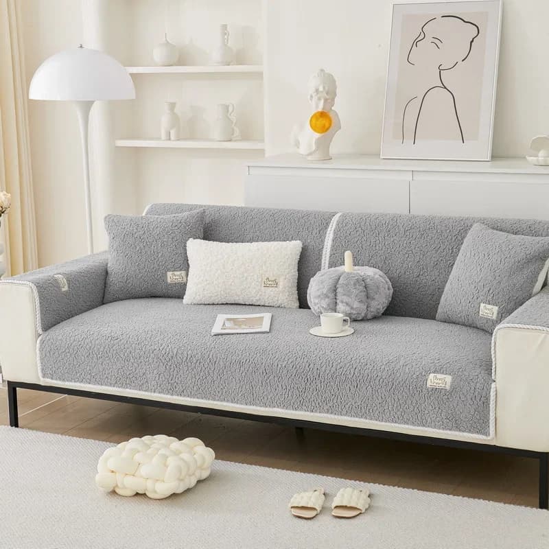Solid Sherpa Anti-Slip Sofa Cover for Living Room Coush Seat Cover, Universal Sofa Slipcover Furniture Towel