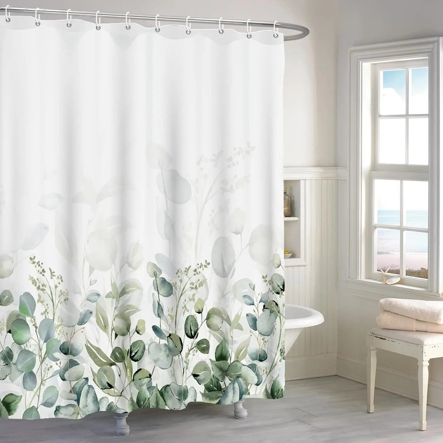 Tenda da Doccia 72x72 Pollici con Motivo Eucalipto Acquerello, Foglie Verdi Salvia, Decorazione Botanica Naturale con Ganci