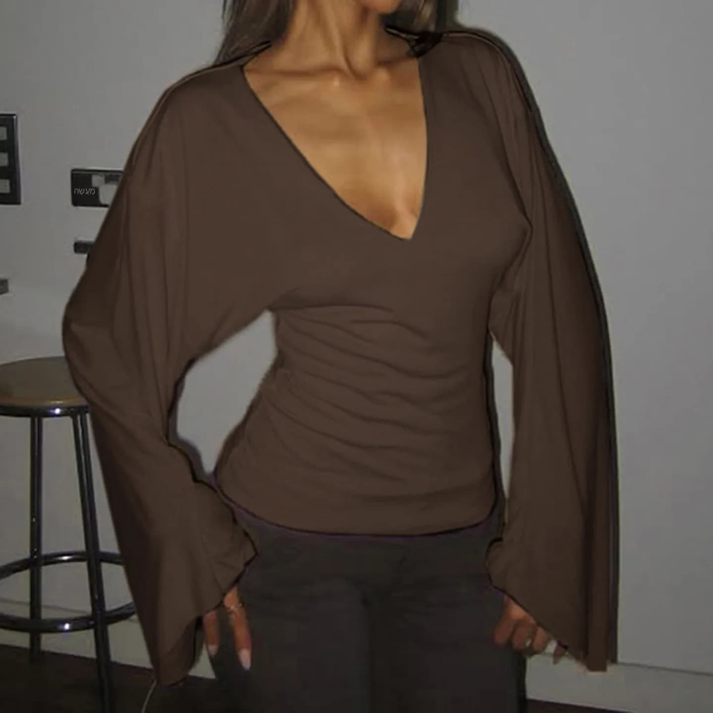 Sexy Long Sleeve T-Shirt Deep V-neck Slimming High Waist Bell Bottom Basic Knittedwear for Women Autumn Season China Made