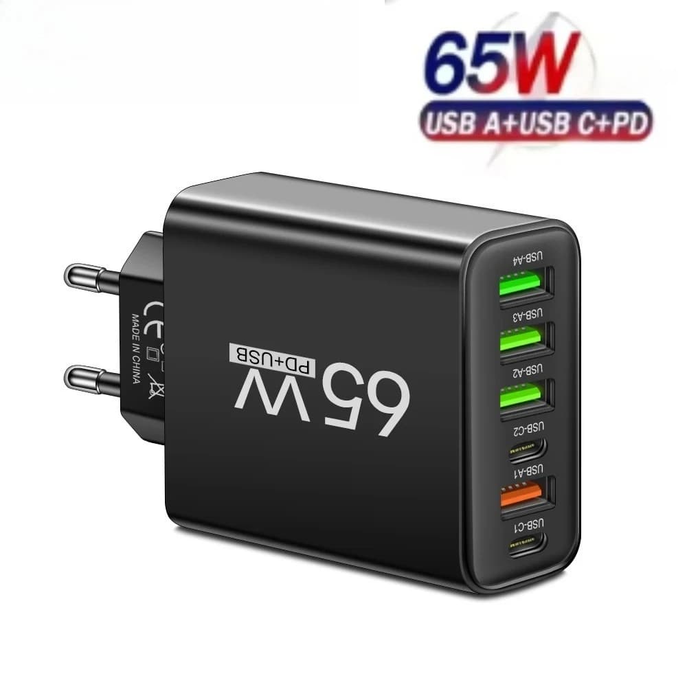 Caricatore USB C da 65 W a 6 porte Caricabatterie da viaggio USB a ricarica rapida QC3.0 per iPhone 15 Adattatore per telefono cellulare Samsung Xiaomi Spina UE USA