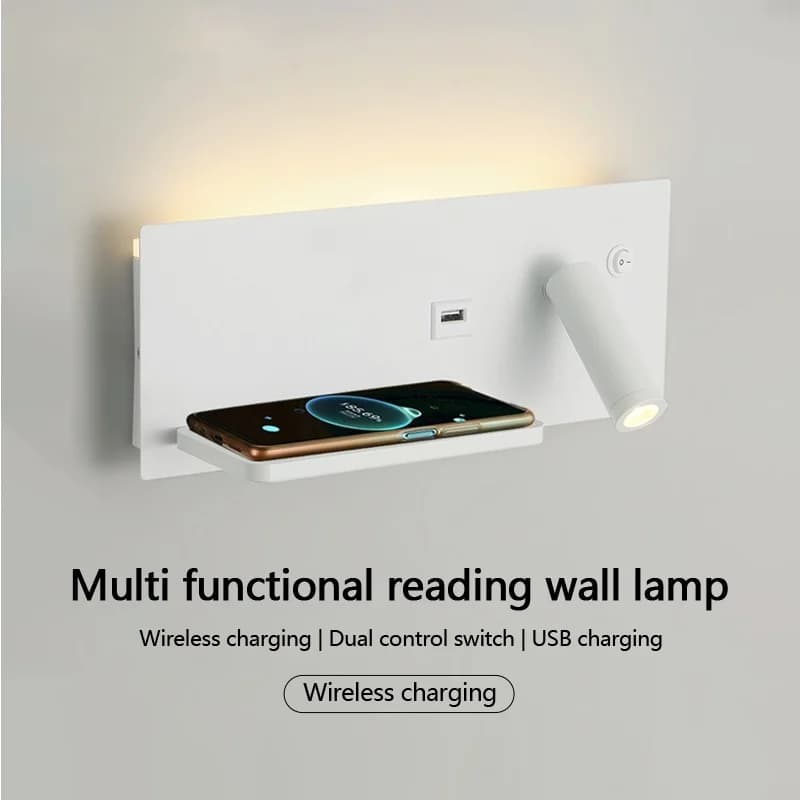 Lampada da parete multifunzionale con telefono cellulare Interruttore caricabatterie wireless Interfaccia USB Luce notturna per camera da letto Lampada da parete da lettura a LED