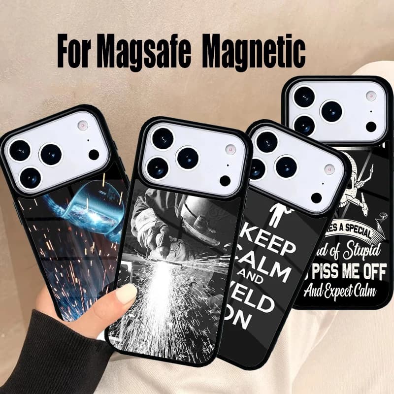 Cover Magnetica Magsafe per iPhone 17 Air 16e 15 14 13 12 11 Pro Max Plus con Design Saldatore/Operaio Metallo Caldo