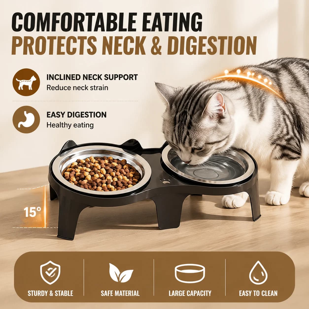 Tilted Elevated Cat Bowl Stainless Steel Double Pet Bowls Raised Neck Protection Food Water Feeder Anti Spill For Cats Dogs