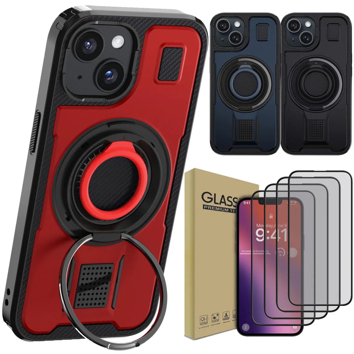 Per iPhone 13/13 Pro/13 Pro Max Custodia per telefono Cavalletto Cover antiurto e 4 pezzi Proteggi schermo in vetro temperato a copertura totale