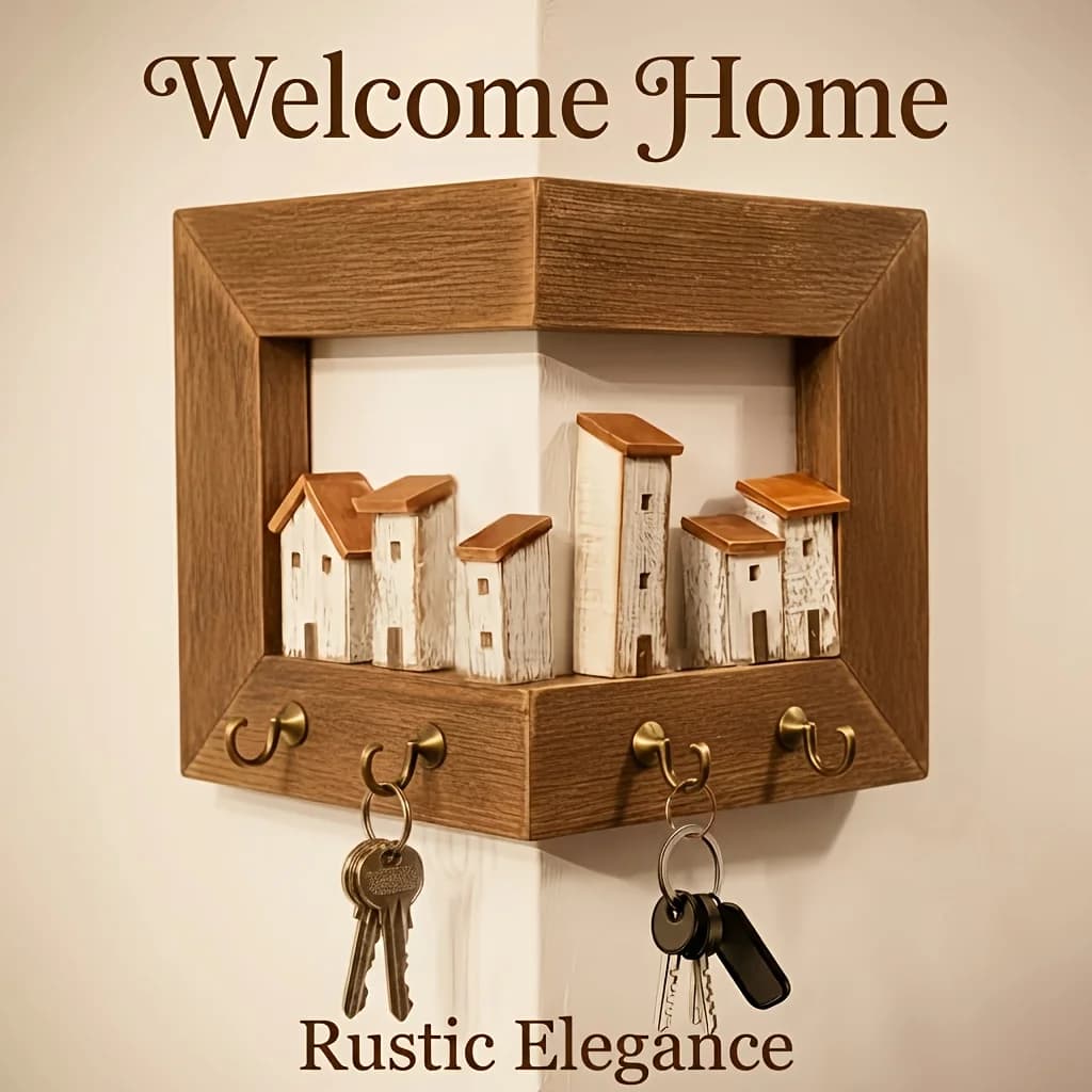 Key Holder Wall Mount Wooden 4-Hook Decorative Wall-Mounted Key Holder Hooks For Living Room Entryway Bathroom Kitchen Bedroom