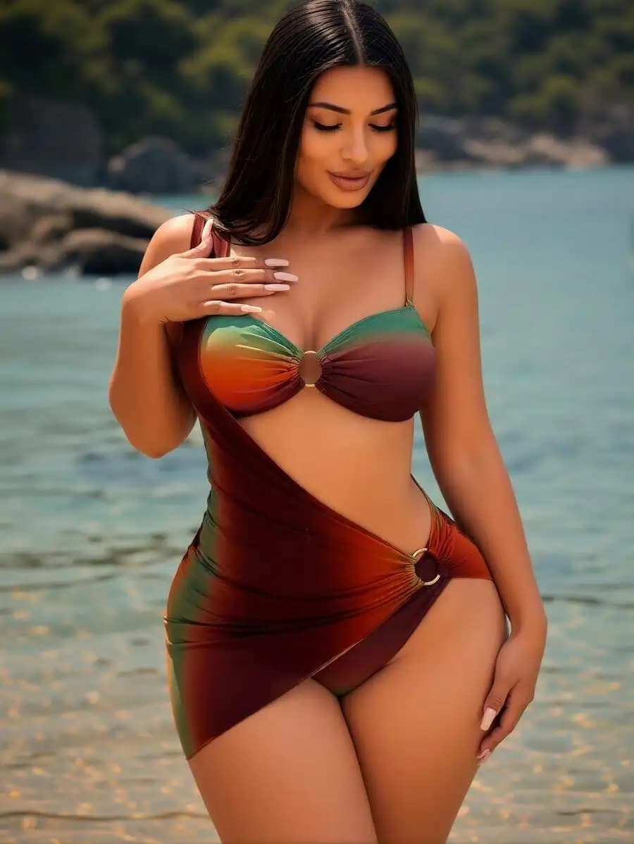 Rusty Orange Green Gradient Two Piece Swimsuit With High Waisted Bottom And Ring Detail