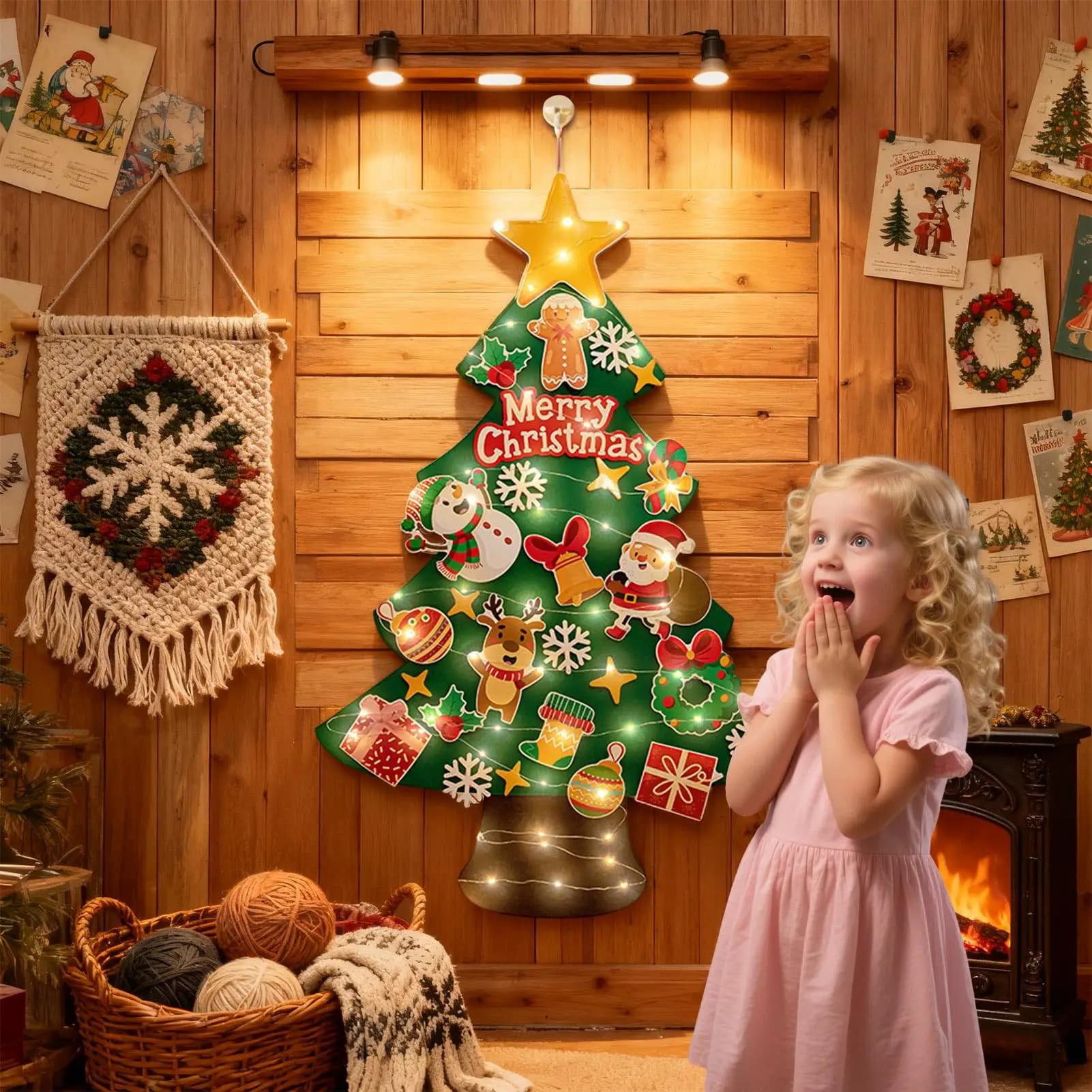 Albero di Natale per bambini con luci a stringa a LED da 9,8 piedi Adesivo da parete Albero di Natale interattivo in feltro per la cameretta dei bambini all'aperto