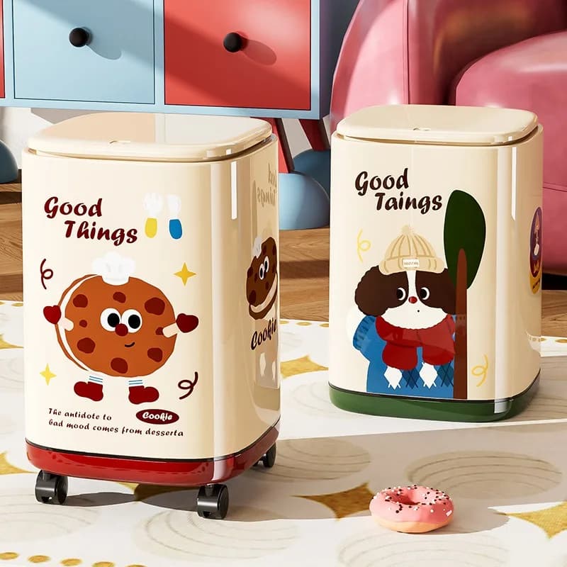 New trash can with wheels, cartoon high-value household living room, bedroom with cover, double-layer press storage bucket