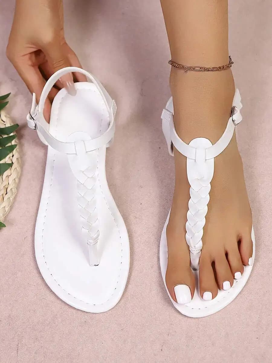 Womens White Braided T-Strap Flat Sandals Casual Bohemian Summer Shoes