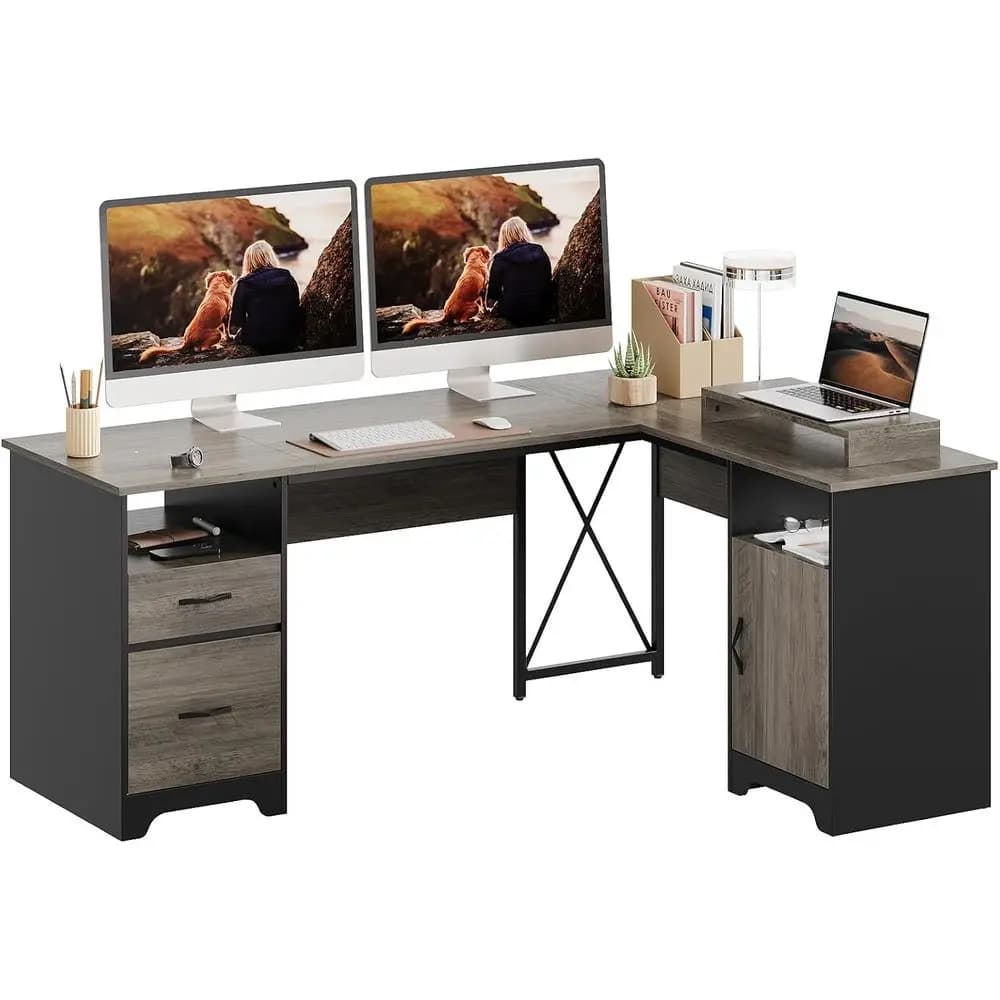 Scrivania da ufficio a forma di L 63 x 47 con armadietto portaoggetti, supporto per monitor e pannello elegante per l'home office, grigia