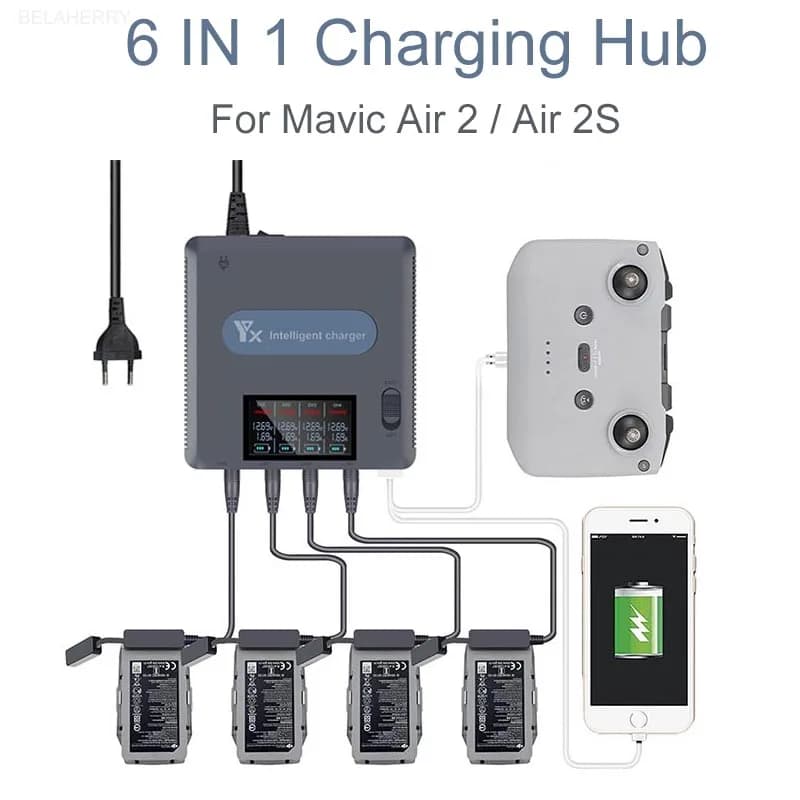 Charger with digital display 6 in 1 for DJI Mavic Air 2 /2S Smart Fast Charger Battery Charger Hub with USB