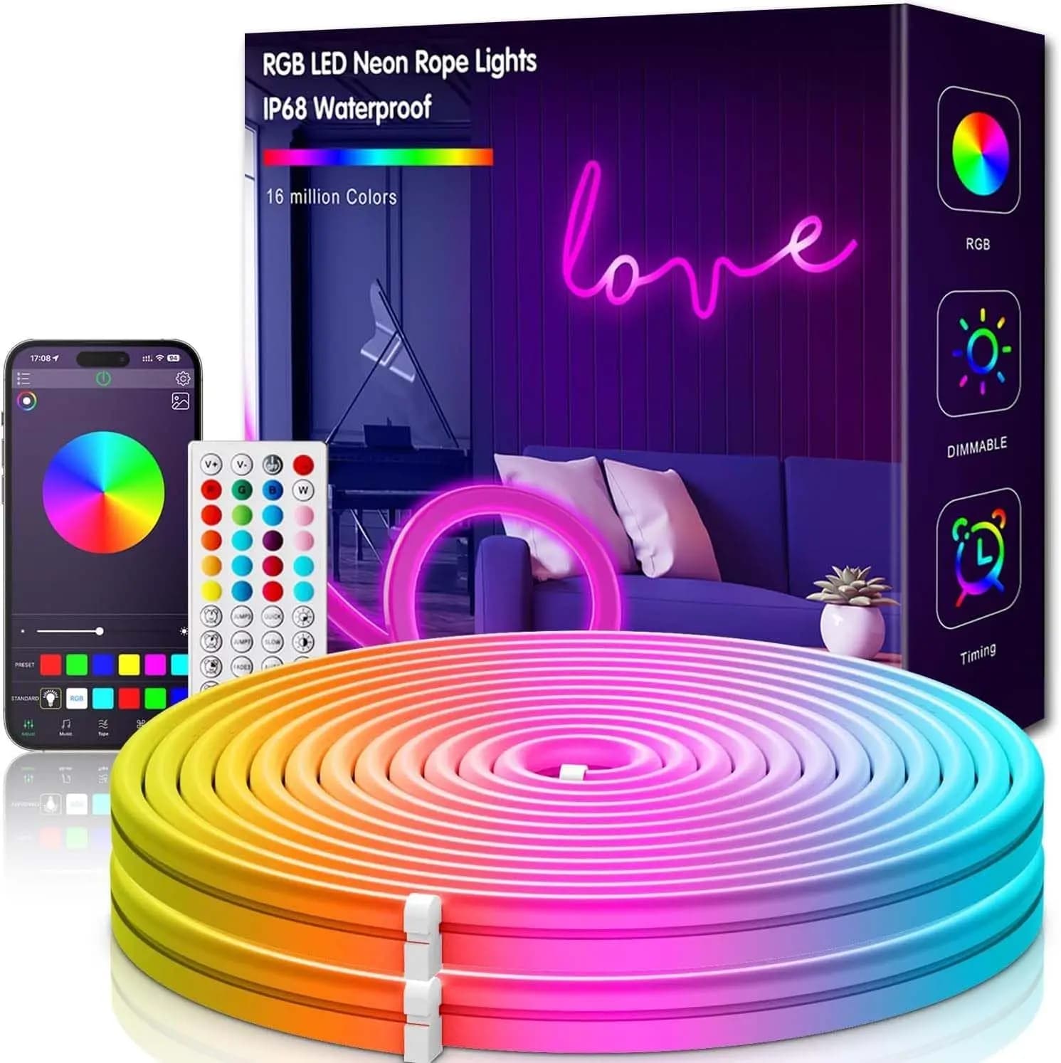 32.8-foot LED neon strips, RGB waterproof flexible rope lights with remote control and APP control, 24V for indoor and outdoor decorations
