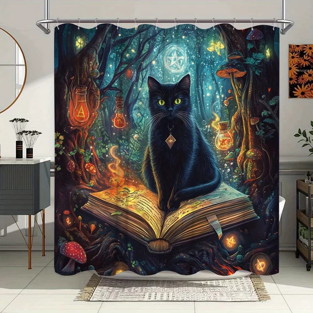 Tenda da doccia in foresta incantata da 1 pezzo con gatto nero e design a libro luminoso - Scena mistica del bosco con funghi luminosi,