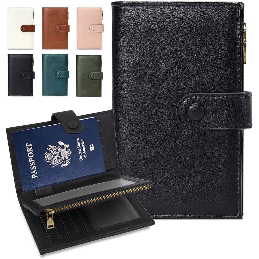 Porta Passaporto da Viaggio, Portafoglio con Blocco RFID per Uomo e Donna, Custodia in Pelle per Passaporto con Cerniera