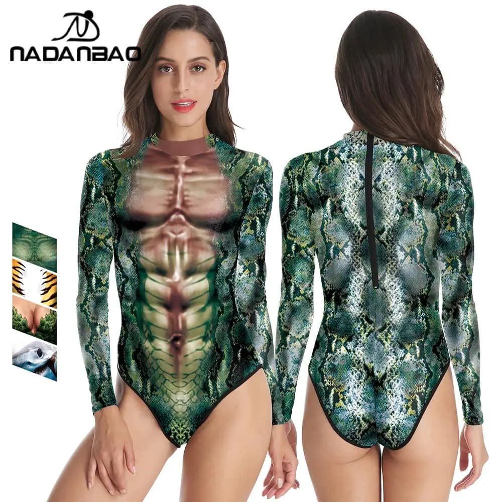 Nadanbao Costumi da bagno sexy Donna Costumi da bagno a maniche lunghe Cosplay Animali Serpente Tigre Costumi Costumi da bagno sottili elastici
