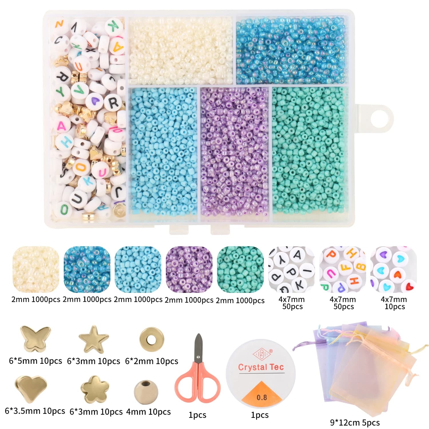 5000pcs Kit di perline in scatola semi di vetro ceco acrilico lettera perline Kit per la creazione di gioielli Set cavo elastico per ragazze bambini bracciali fai da te