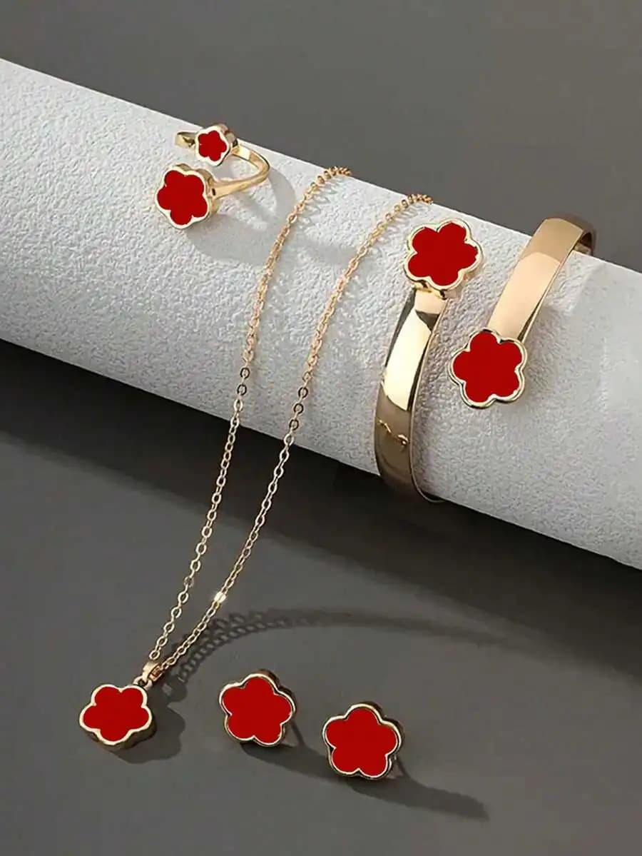5pcs Lucky Clover Jewelry Set Necklace Earrings Bracelet Ring