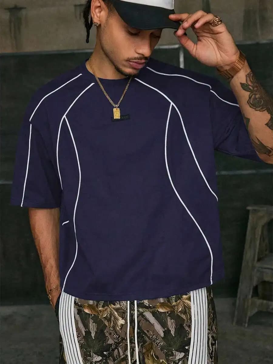 T-shirt casual da uomo con finiture a contrasto, girocollo, maniche corte, estiva