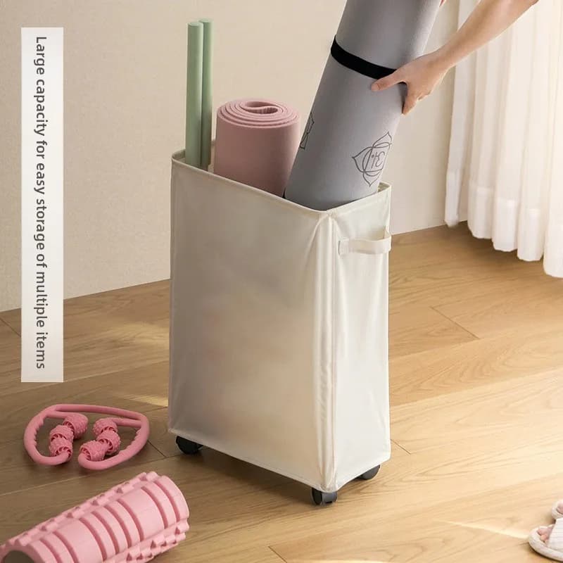 Cesto portaoggetti per attrezzature fitness da casa, organizer per tappetini yoga con ruote, contenitore leggero per attrezzature sportive