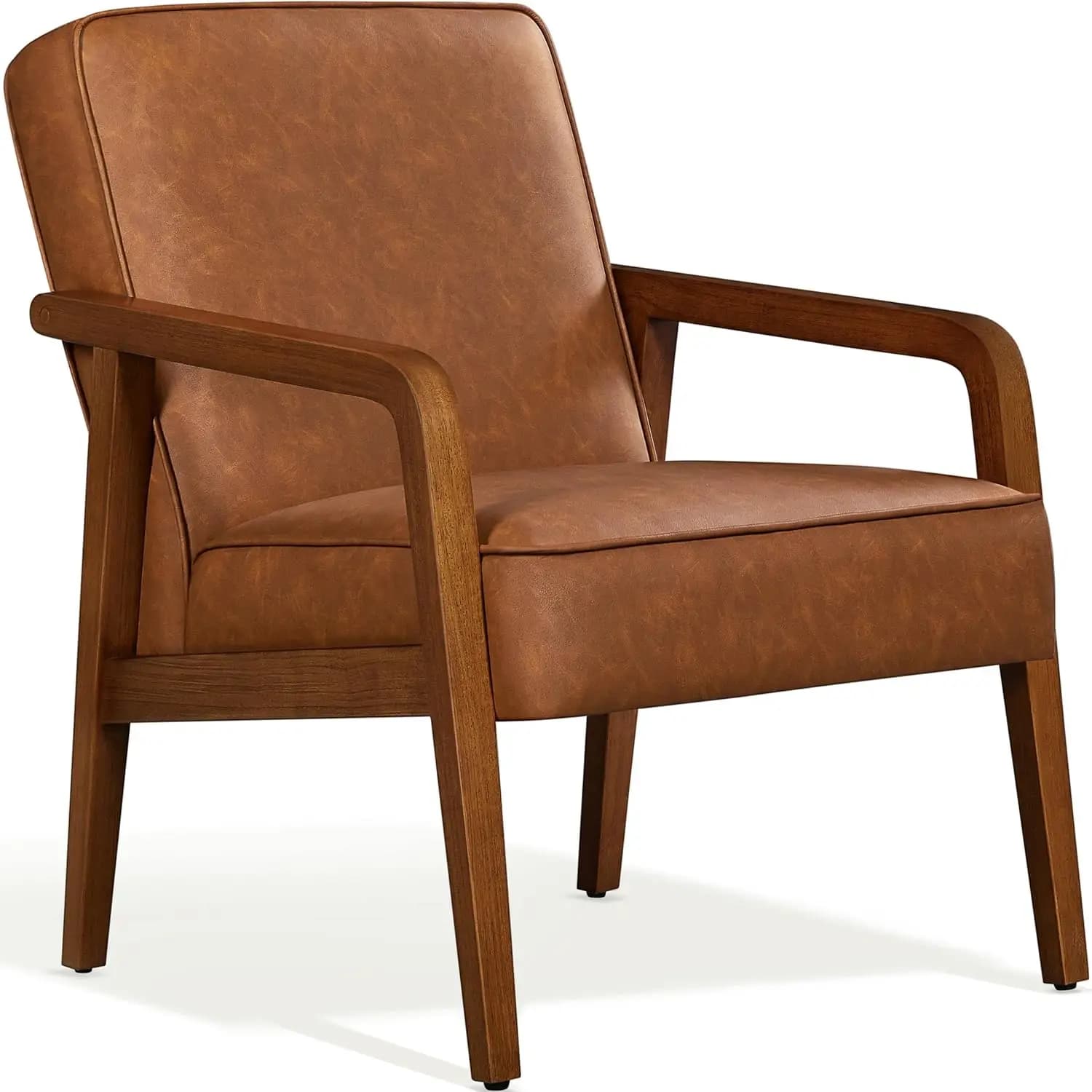 Poltrona in Ecopelle Stile Mid-Century, Sedia Imbottita con Gambe in Legno, Seduta Imbottita per Soggiorno e Camera da Letto, Marrone Chiaro Personalizzabile