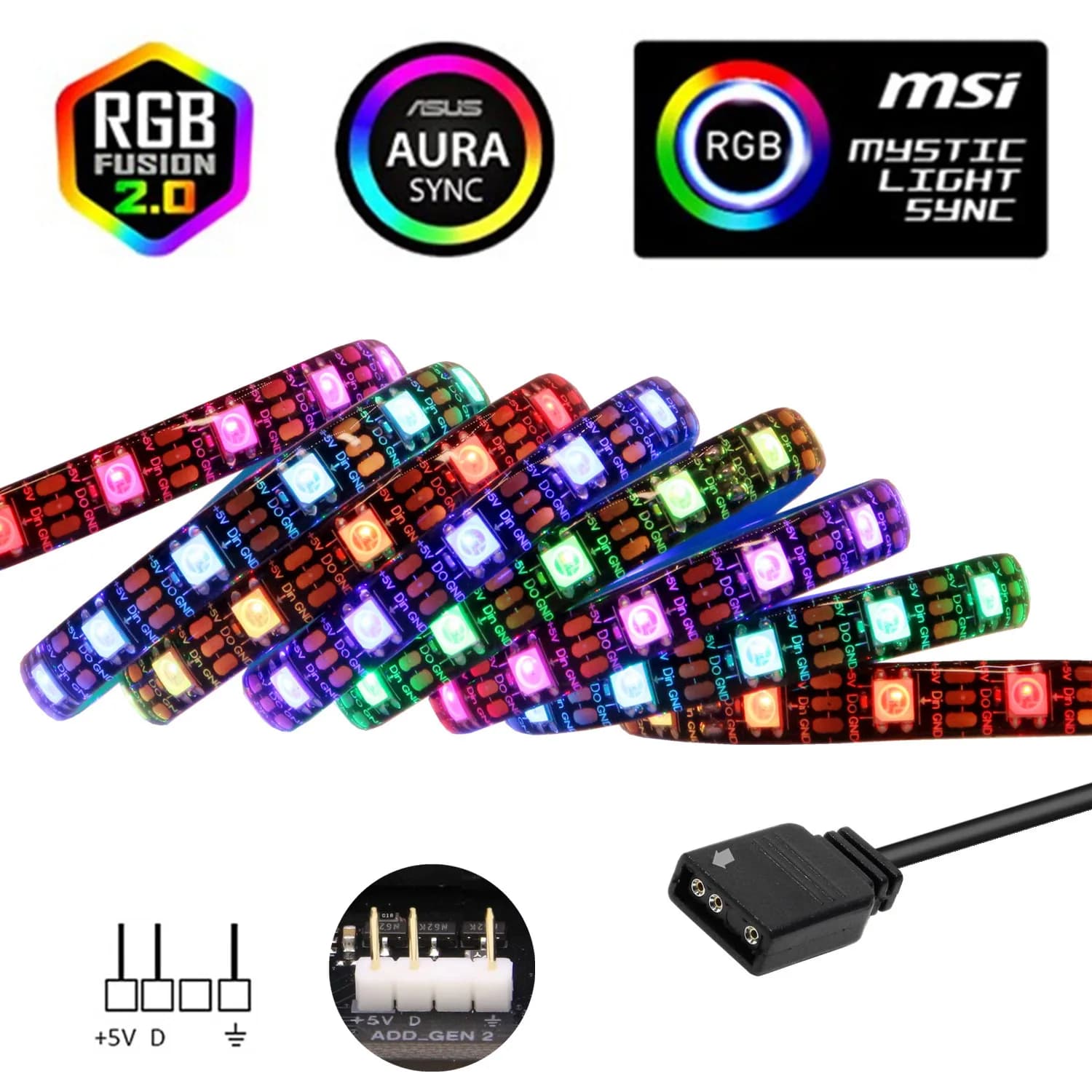 Striscia LED ARGB WS2812b 5V 60Led/m Luce LED arcobaleno indirizzabile 3PIN per ASUS AURA SYNC / MSI Mystic Light Sync / GIGABYTE