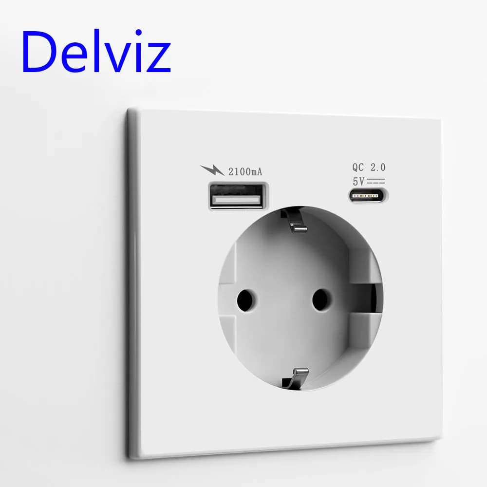 Delviz wall USB power socket, CA 110 V-250 V, built-in electric wall socket with 16 A white panel, standard EU 2A USB type C socket