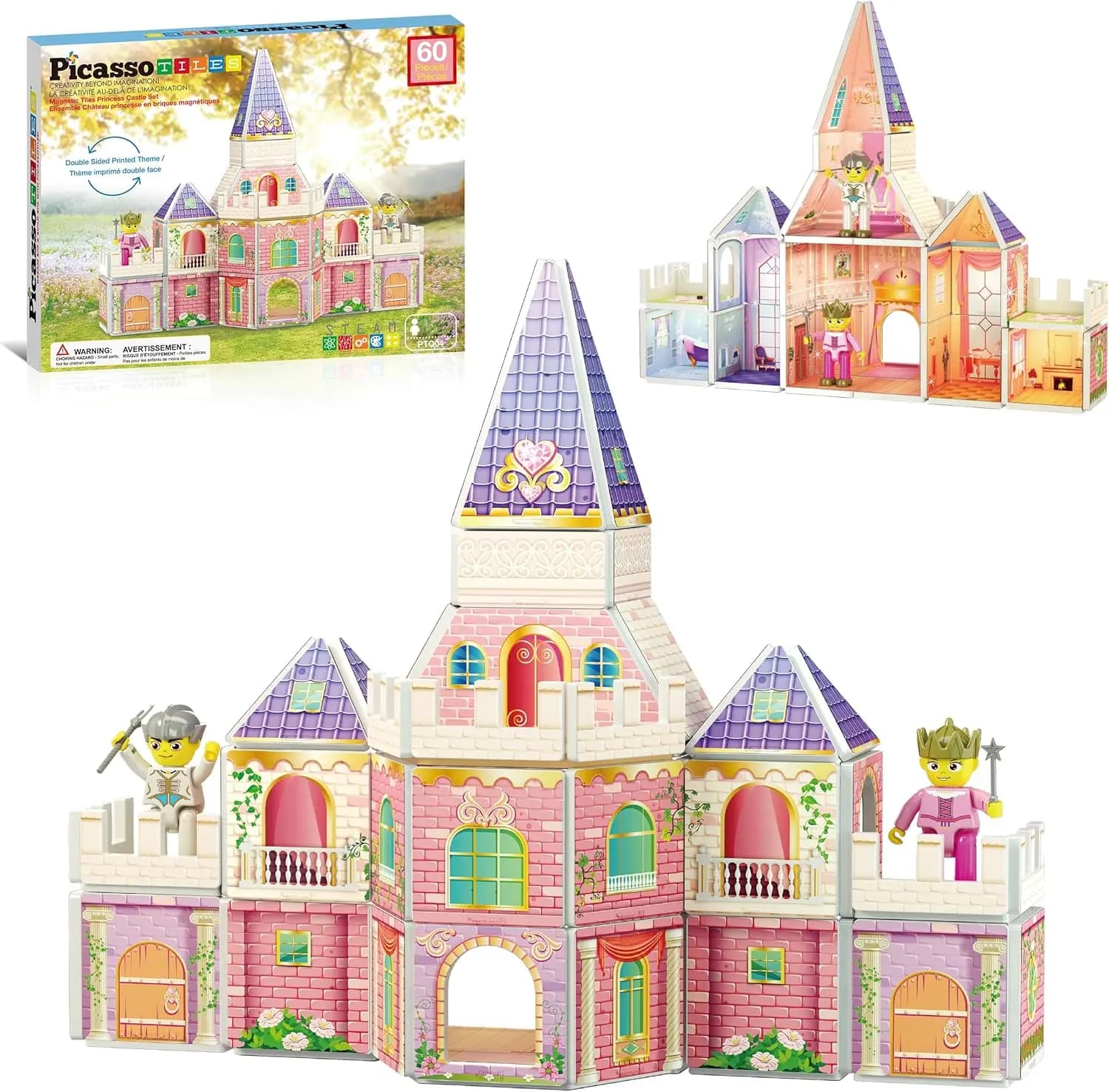 Set di Costruzioni Magnetiche Castello delle Principesse da 60 Pezzi con Piastrelle Bifacciali, 2 Personaggi, Giocattolo Educativo STEM per Bambini dai 3-8 Anni