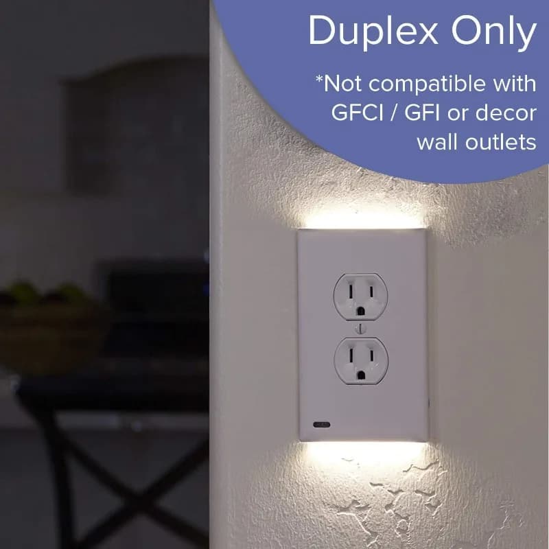 Duplex Electrical Outlet Plugboard Plug-In Electrical Receptacle Wall Plate With LED Night Lights Up and Down - Auto Sensor