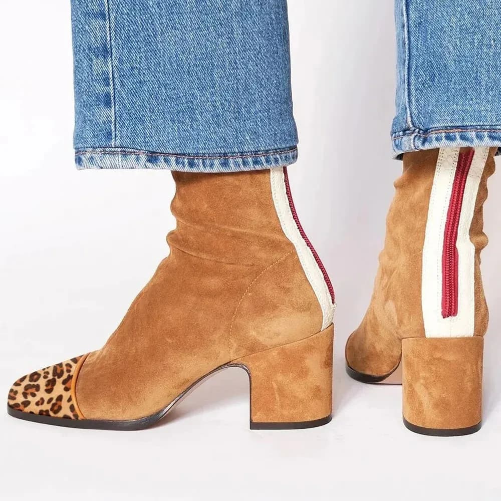 Stivaletti con punta quadrata leopardata in pelle scamosciata patchwork Tacco grosso giallo Scarpe da donna alla moda Stivaletti corti con cerniera posteriore