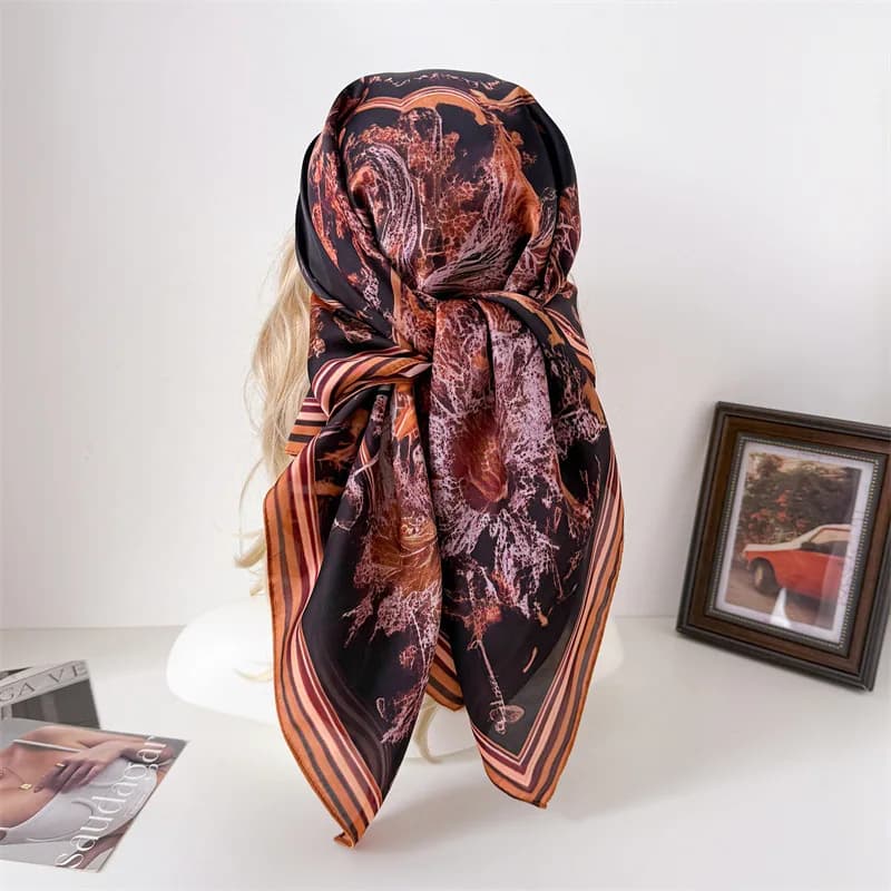 Luxury 90cm Imitation Silk Square Scarves for Women Elegant Bandana Retro Soft Satin Print Scarf Hijab Neckerchief Shawl Wraps