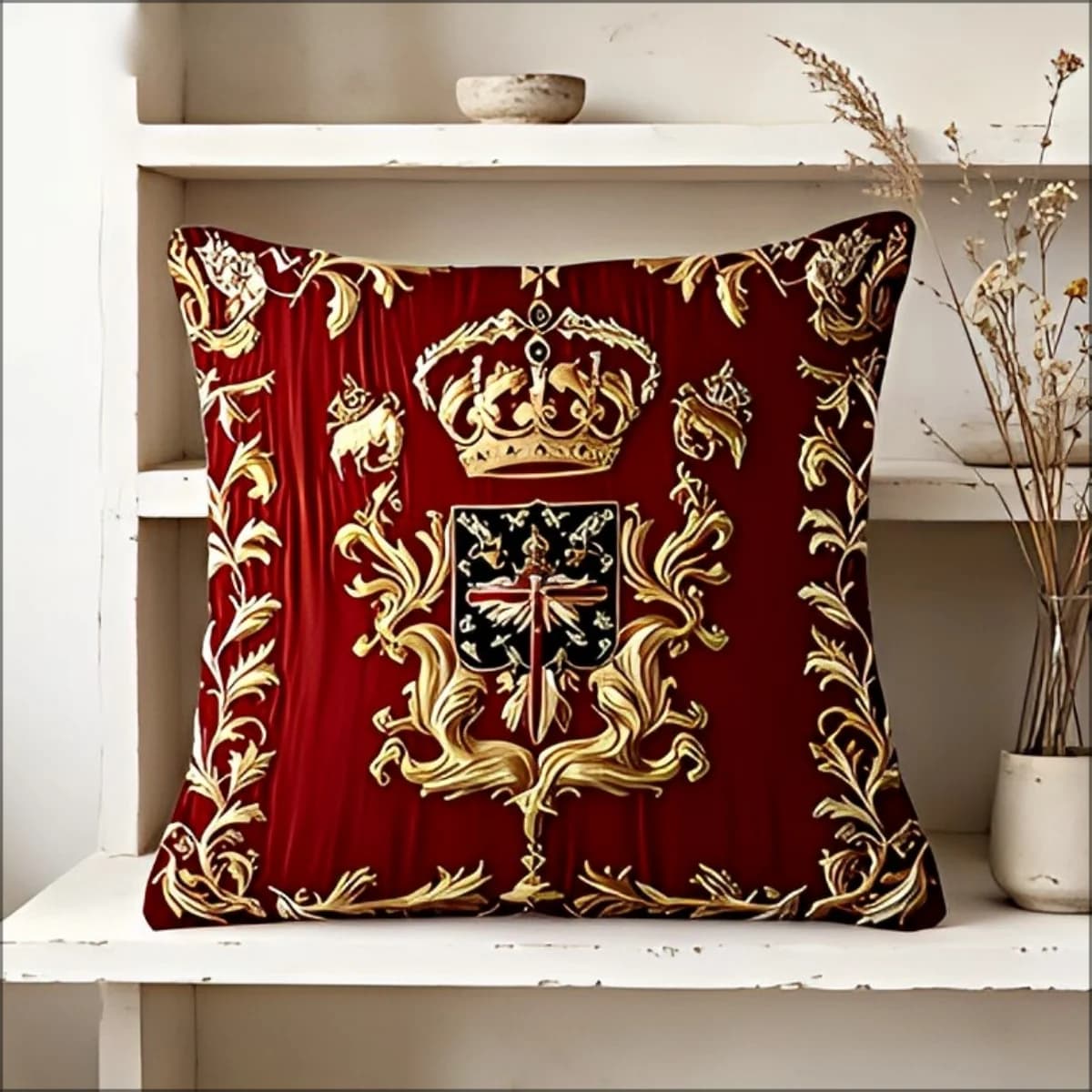 Fodera per cuscino a doppia faccia con corona reale, stampa emblema barocco rosso e oro, per divano, soggiorno, decorazioni per la casa in stile europeo