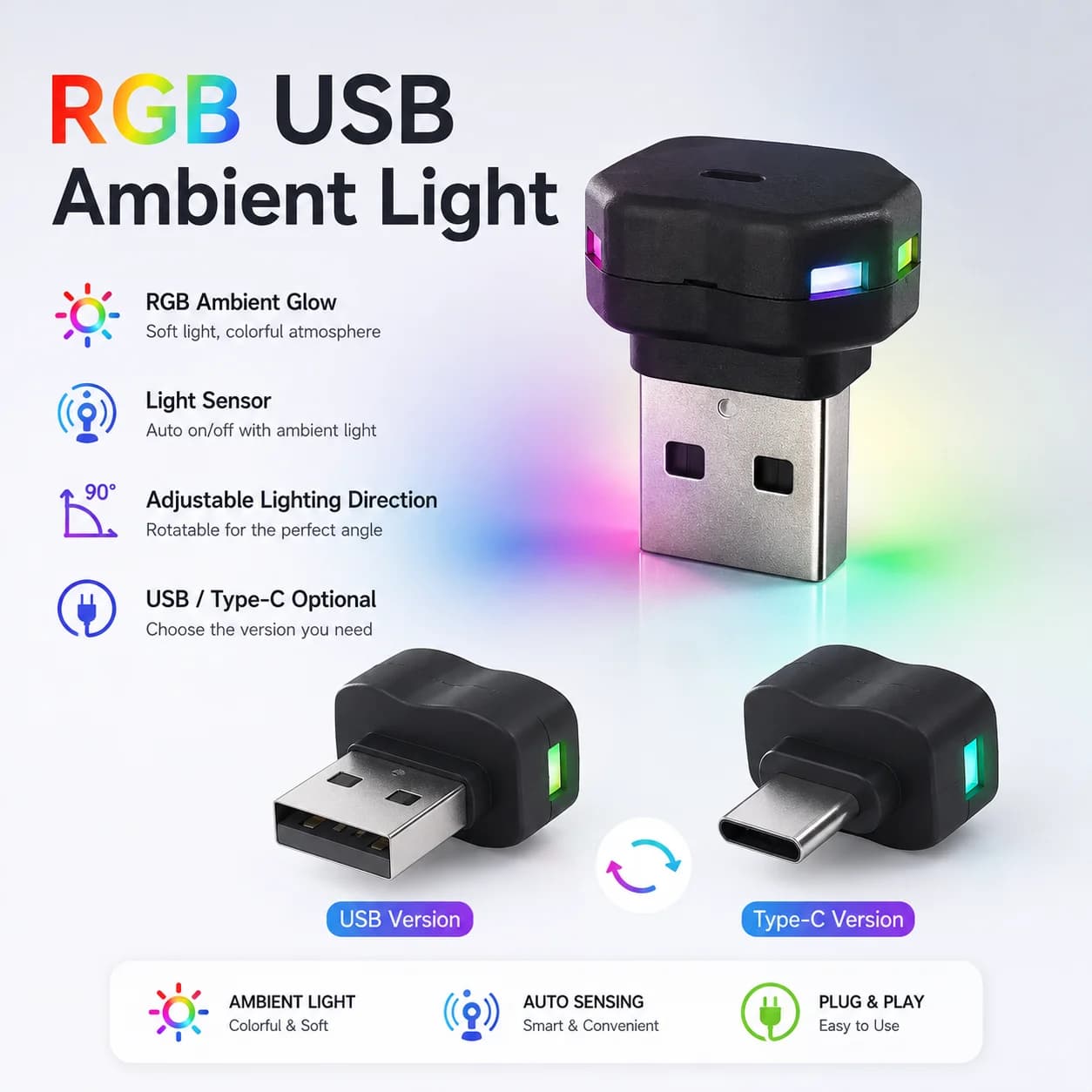 RGB USB Ambient Light with Light Sensor Adjustable Direction Mini Night Light USB Type-C Optional Plug and Play for PC Laptop