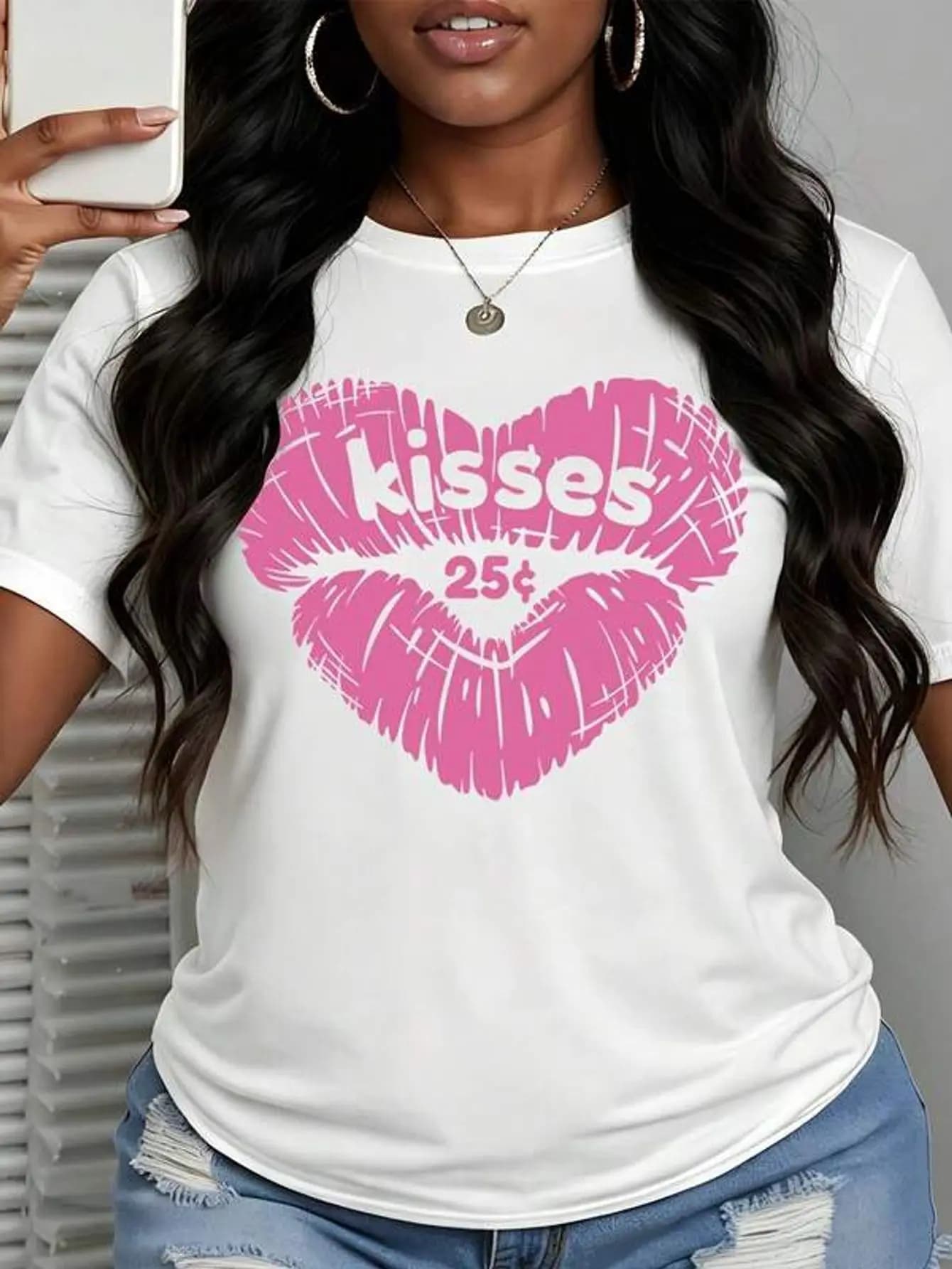 White T Shirt With Pink Lip Print And Kisses 25 Cents Text For Casual Wear