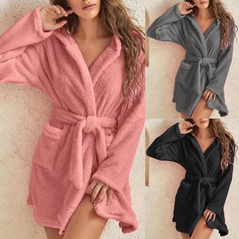 Women's bathrobe in pure color thickened for winter home casual women's bathrobe with hood with pockets simple and warm padded pajamas