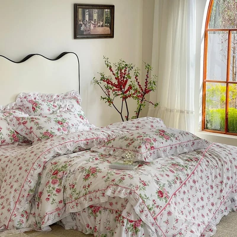 100% cotone volant piumino/copripiumino Set elegante e Vintage rosa floreale bella Chic 4 pezzi set biancheria da letto lenzuola federe