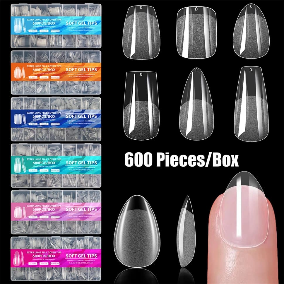 600 pezzi di gel morbido X per punte per unghie, punte per unghie finte a copertura totale per unghie in gel acrilico, punta per unghie extra corta a mandorla quadrata media