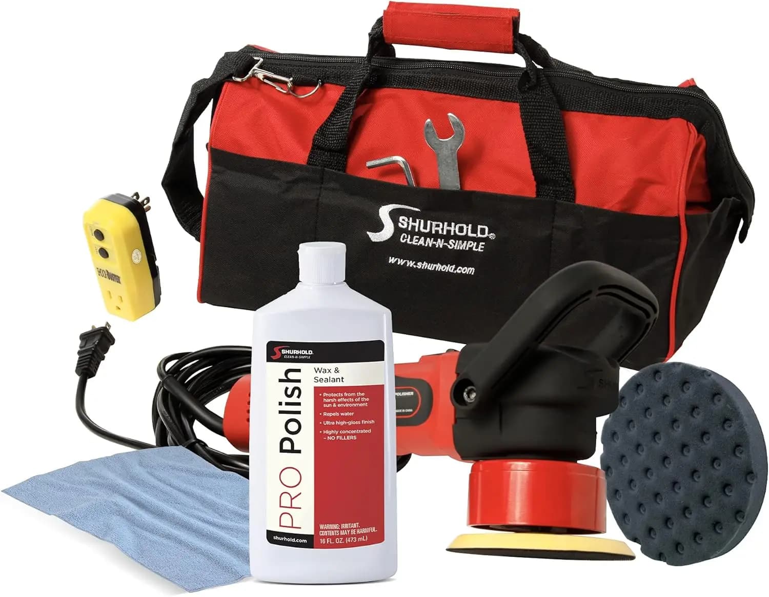 Kit Lucidatrice Rotorbitale a Doppia Azione per Auto con Cera da 16oz, Tampone, Asciugamano, Borsa, Spugna da 6.5", Rosso