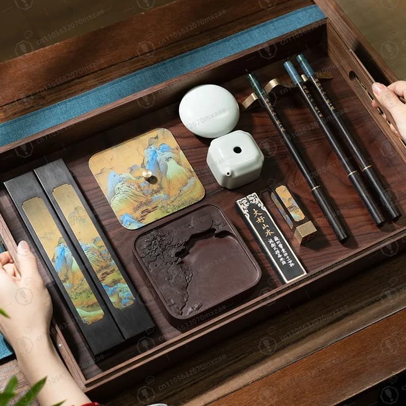 Qianli Jiangshan Calligraphy Set - Premium 4 Treasures of Study with Hui Ink, Brush & Ink Stone Gift Box