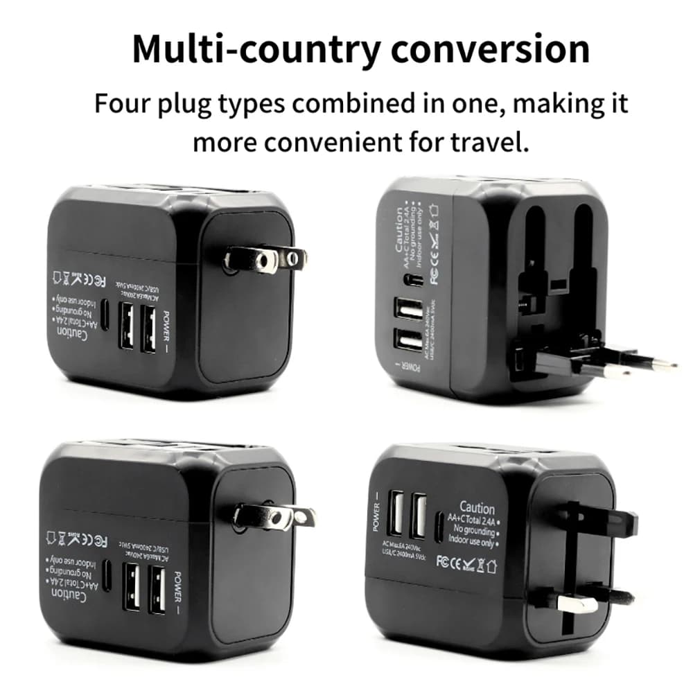 Universal All-in-One Travel Power Adapter With US EU UK AU Plug 2 USB 1 Type C Port Portable Wall Charger International Charging