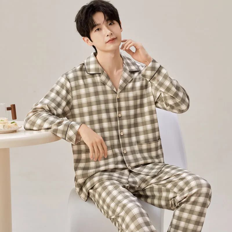 Korean Style Teen Boys Plaid Cotton Pajamas Set Plus‑Size Long Sleeve Cardigan Homewear Spring Autumn Casual Nightwear Hombre